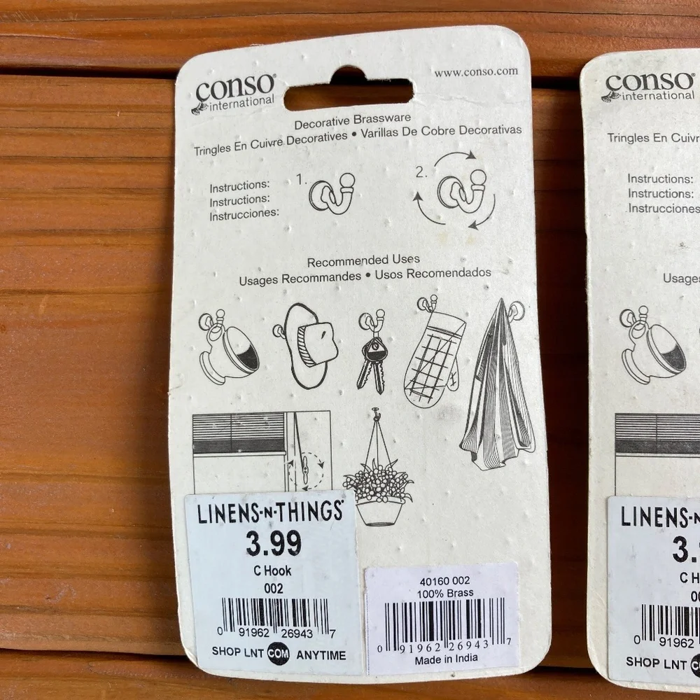NWT 100% Brass C Hooks 2 Packs of 2, Made in India